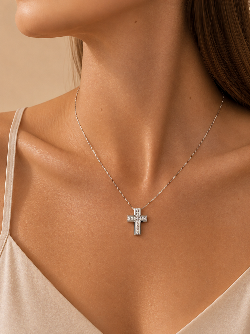 Collier Croix Femme Strass en Acier Inoxydable Argenté