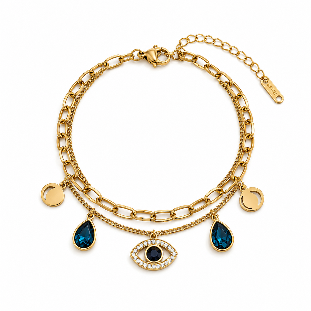 Bracelet Doré Femme en Acier Inoxydable avec Cristaux Bleus et Œil Protecteur