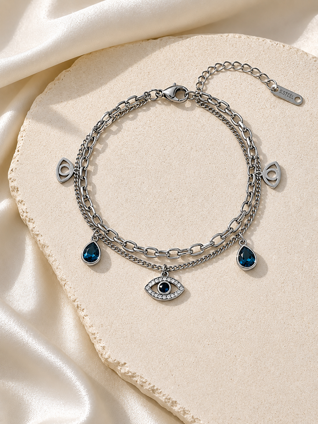 Bracelet Œil Protecteur & Cristaux Bleus en Acier Inoxydable