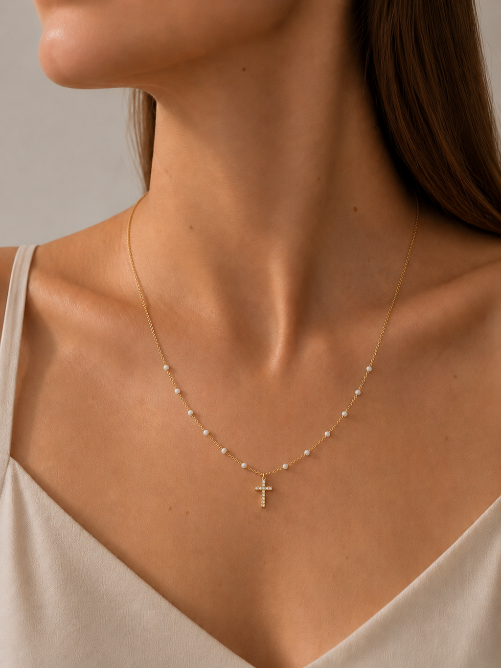 Collier Croix Perlé en Acier Inoxydable Doré