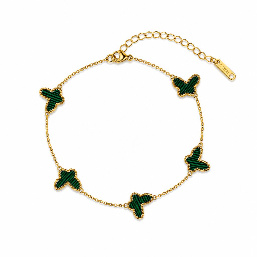 Bracelet Papillon Vert Femme en Acier Inoxydable Doré Ajustable