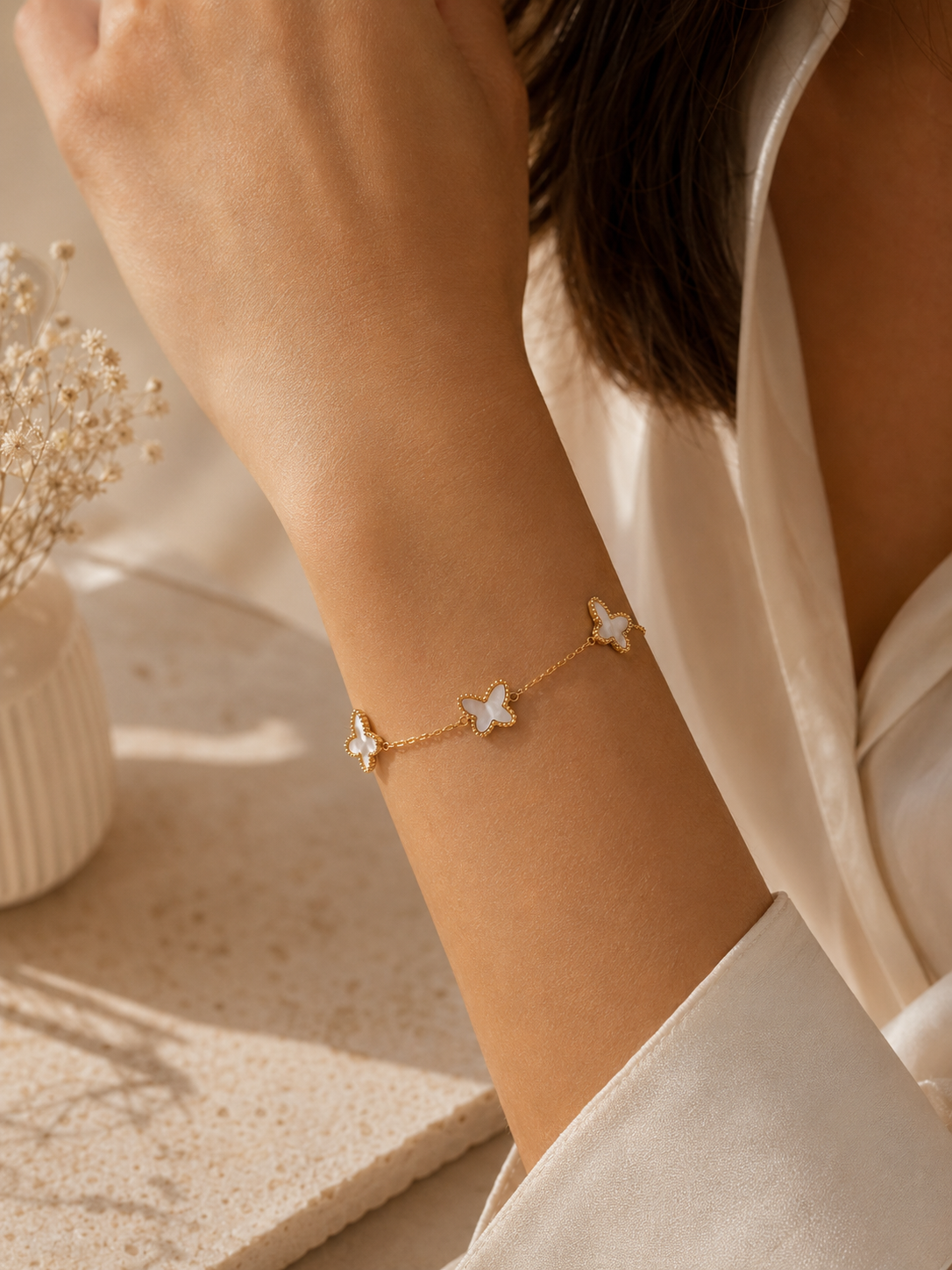 Bracelet Papillon Nacré Femme en Acier Inoxydable Doré