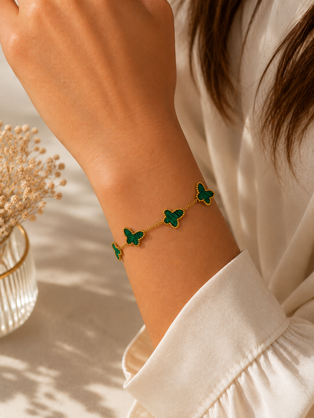Bracelet Papillon Vert Femme en Acier Inoxydable Doré Ajustable