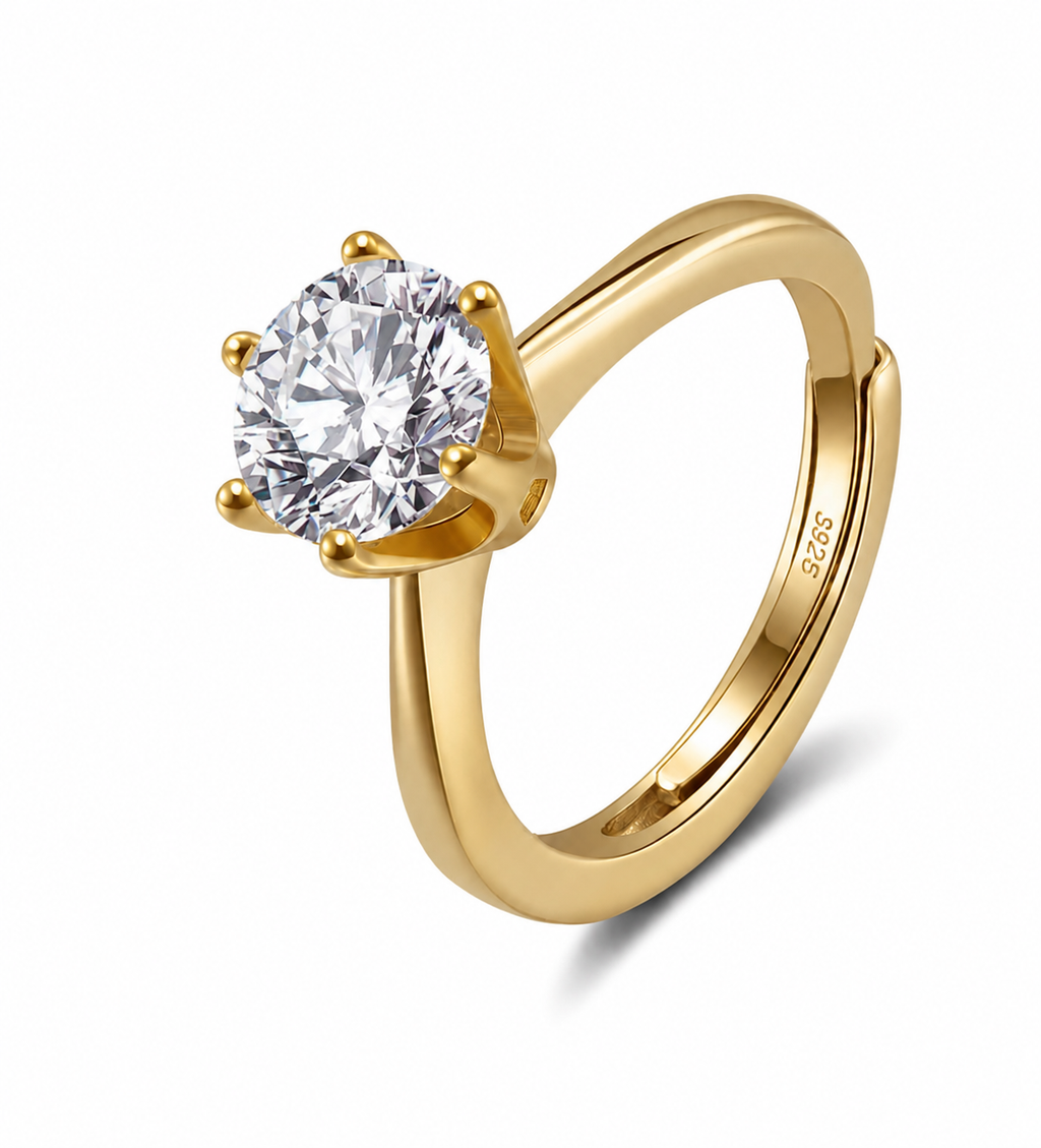Bague de fiançailles solitaire moissanite ajustable - Argent sterling 925 massif plaqué or 14 carats