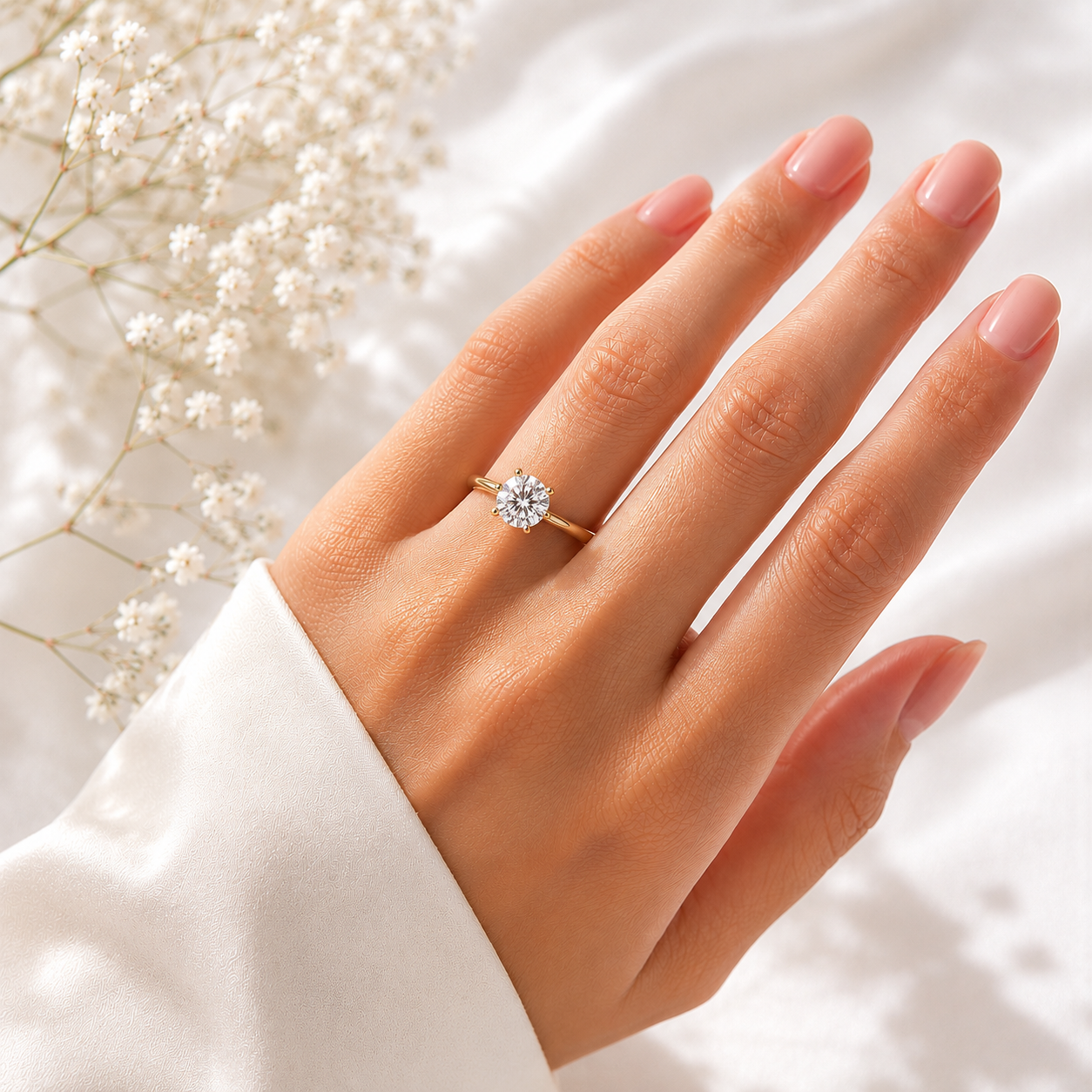 Bague de fiançailles solitaire moissanite ajustable - Argent sterling 925 massif plaqué or 14 carats