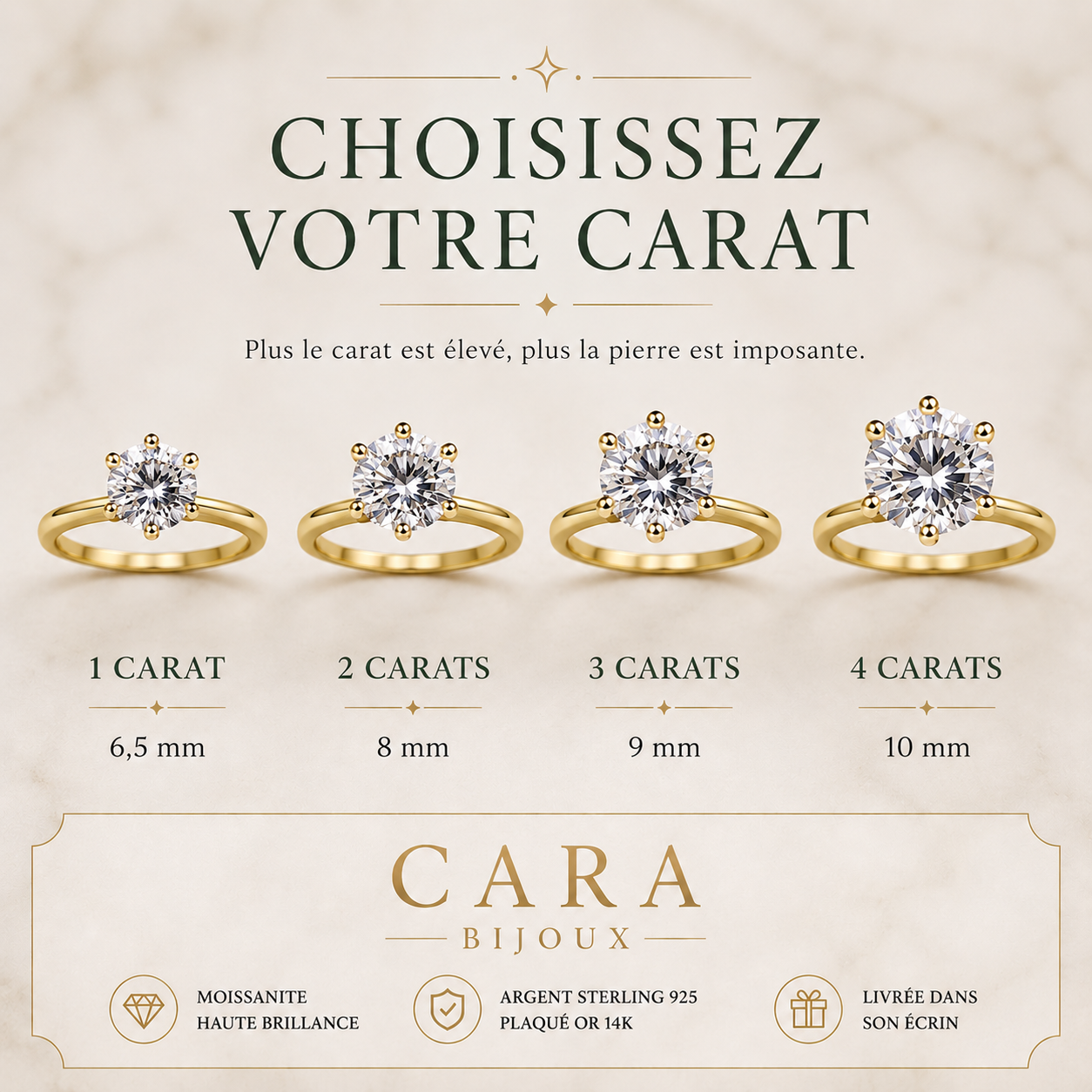 Bague de fiançailles solitaire moissanite ajustable - Argent sterling 925 massif plaqué or 14 carats