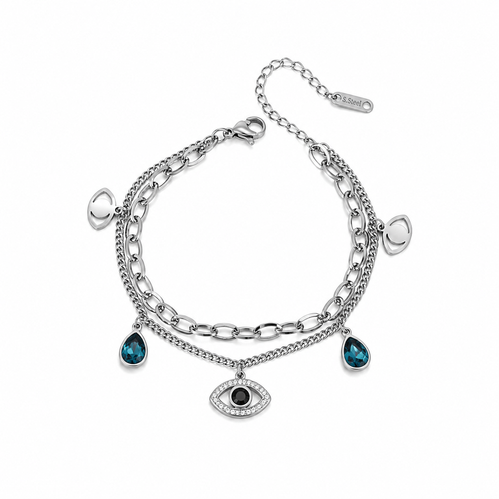 Bracelet Œil Protecteur & Cristaux Bleus en Acier Inoxydable