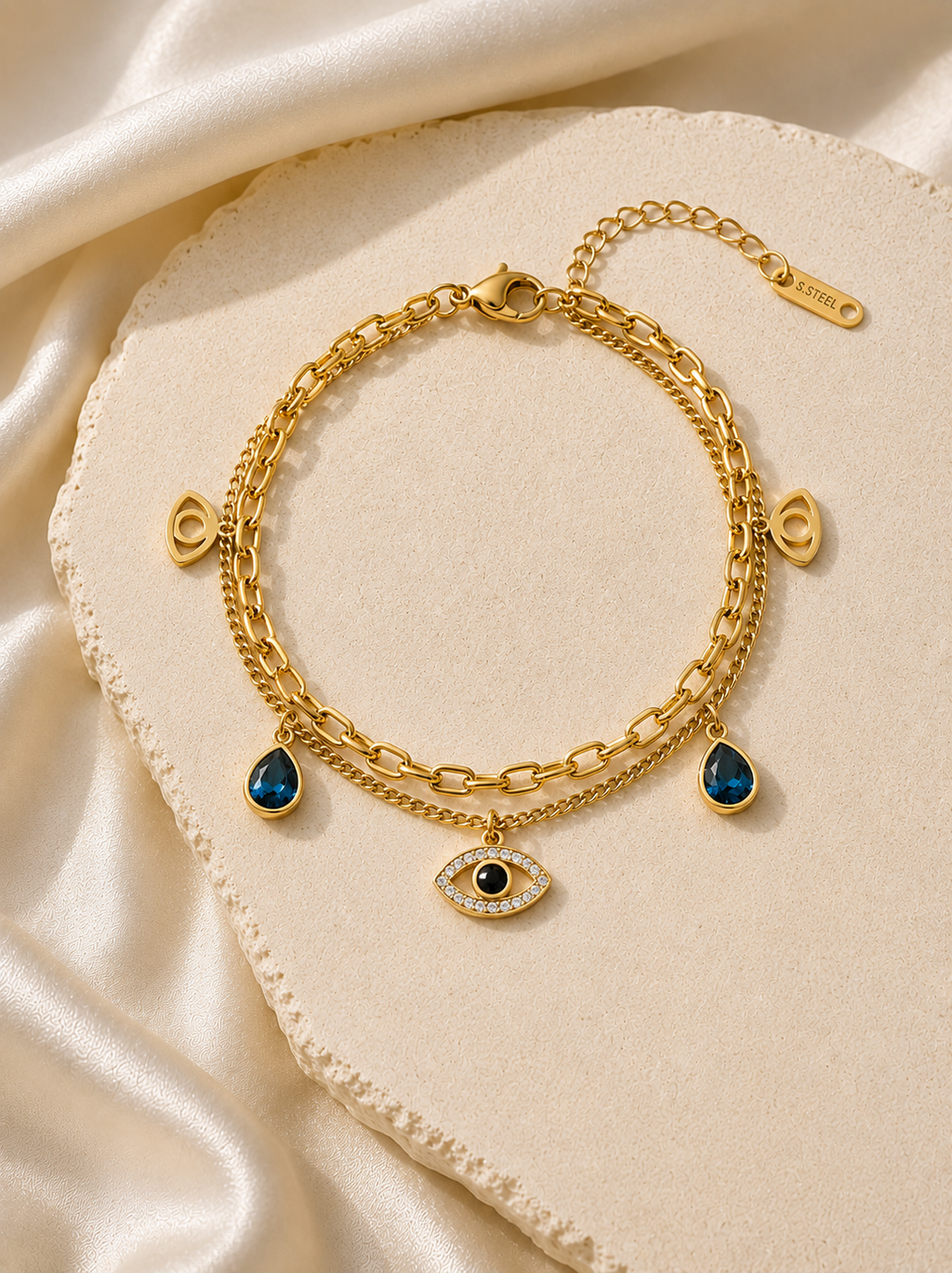 Bracelet Doré Femme en Acier Inoxydable avec Cristaux Bleus et Œil Protecteur