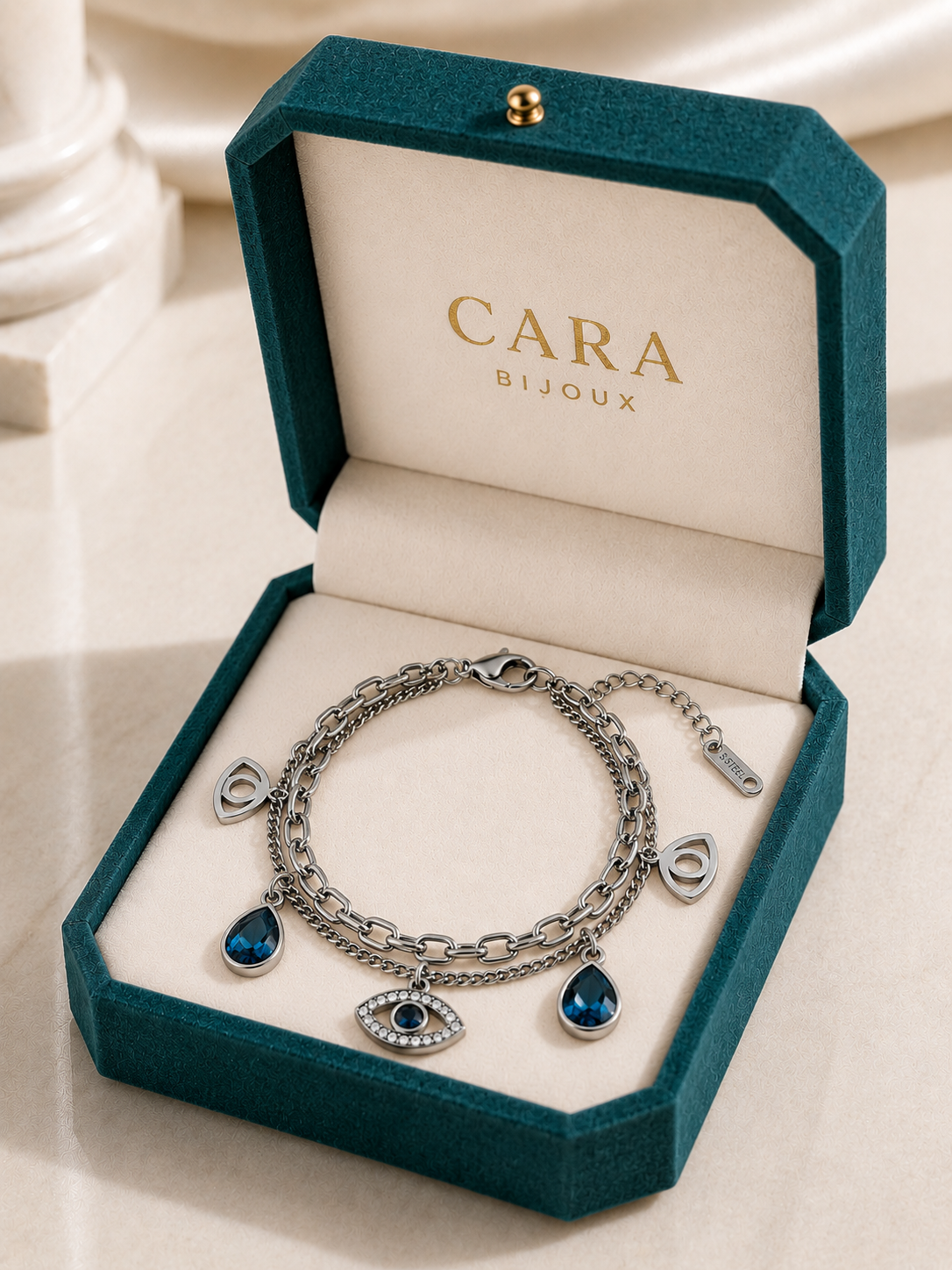 Bracelet Œil Protecteur & Cristaux Bleus en Acier Inoxydable
