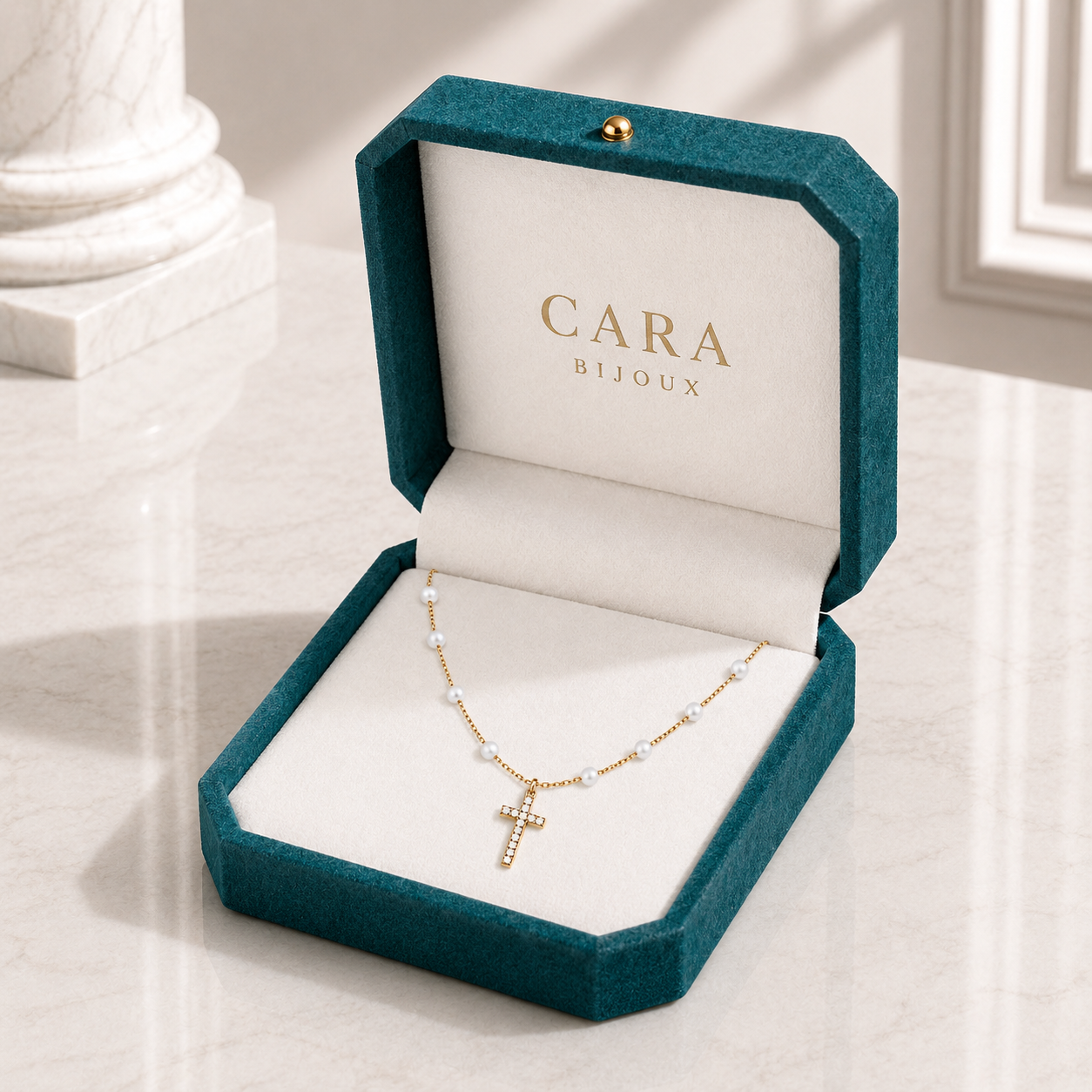 Collier Croix Perlé en Acier Inoxydable Doré