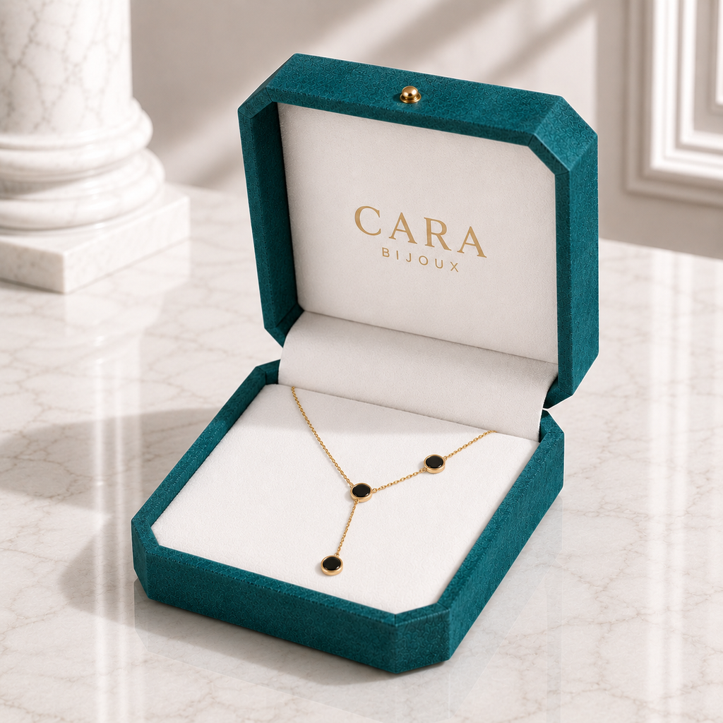 Collier Réversible Femme Nacre Blanche et Noir en Acier Inoxydable Doré