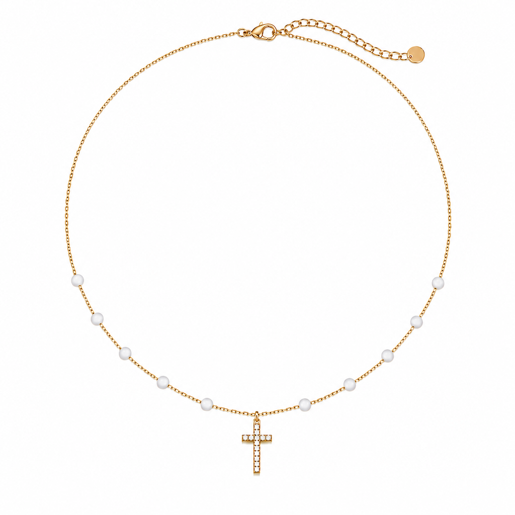 Collier Croix Perlé en Acier Inoxydable Doré