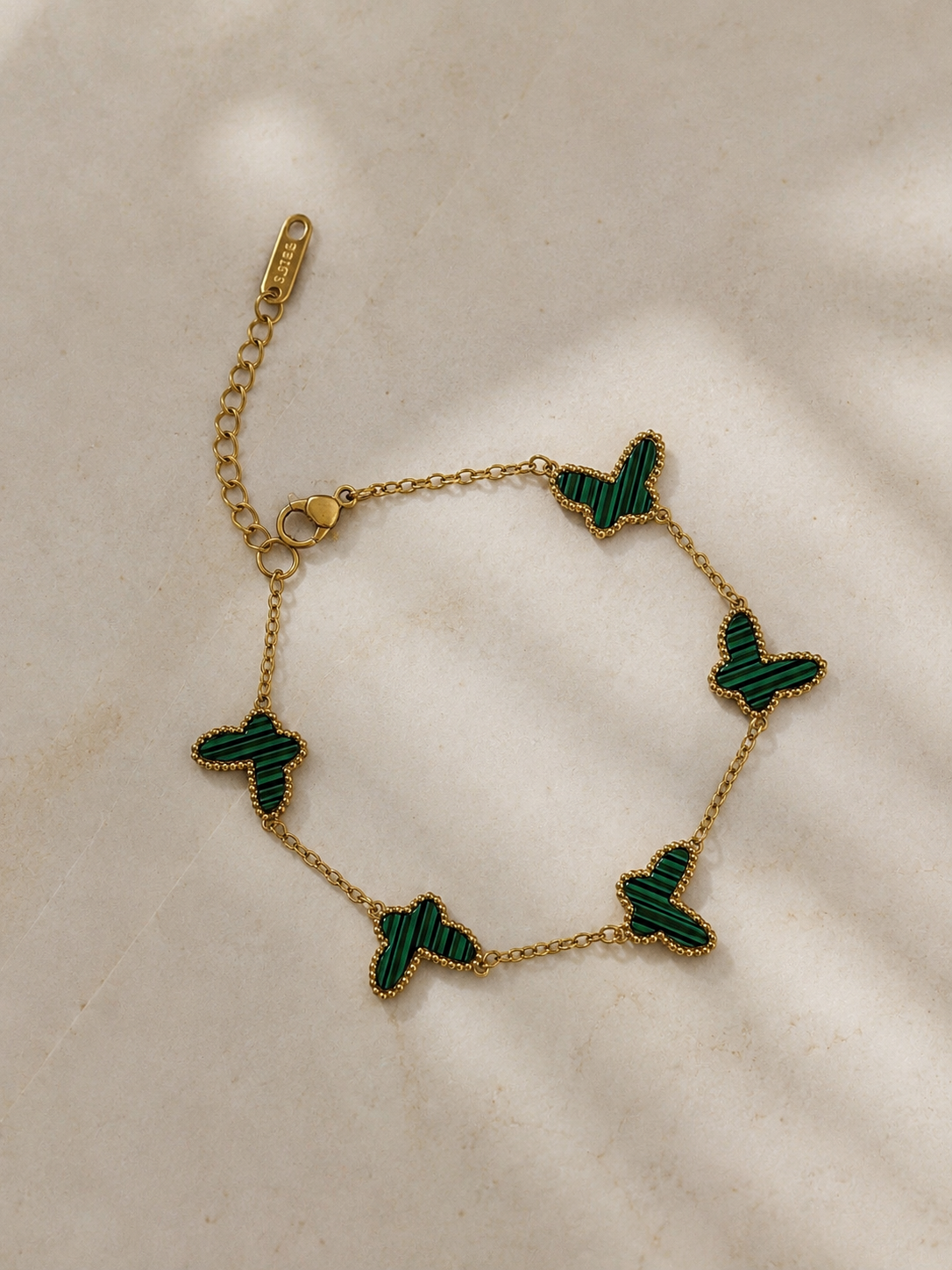 Bracelet Papillon Vert Femme en Acier Inoxydable Doré Ajustable