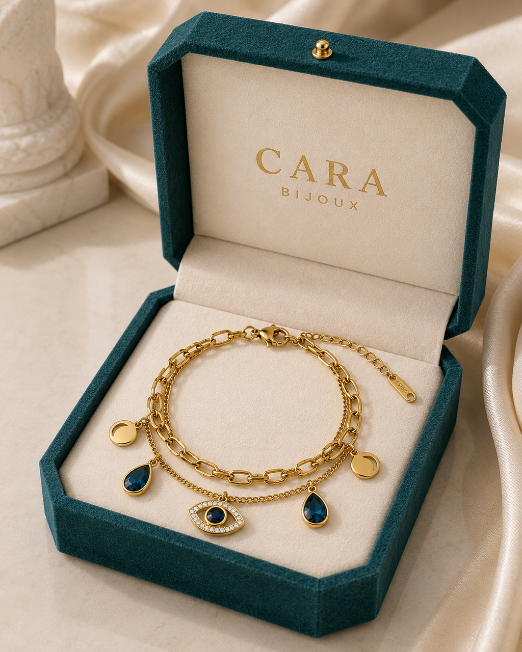 Bracelet Doré Femme en Acier Inoxydable avec Cristaux Bleus et Œil Protecteur