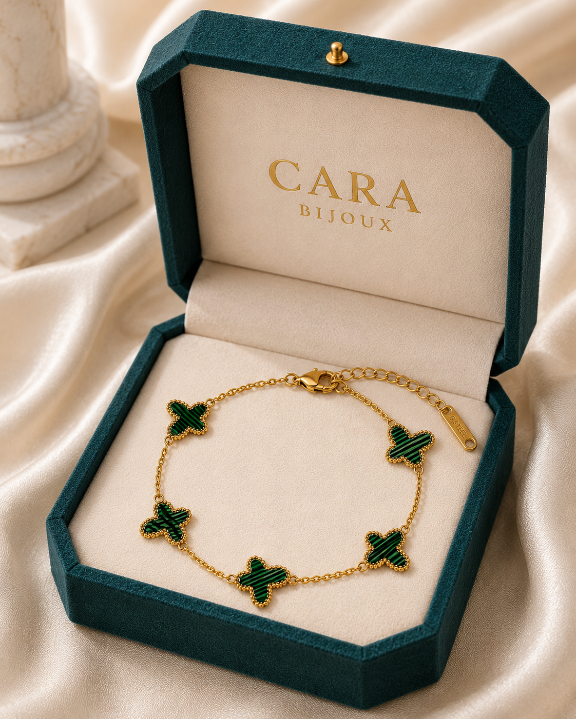 Bracelet Papillon Vert Femme en Acier Inoxydable Doré Ajustable